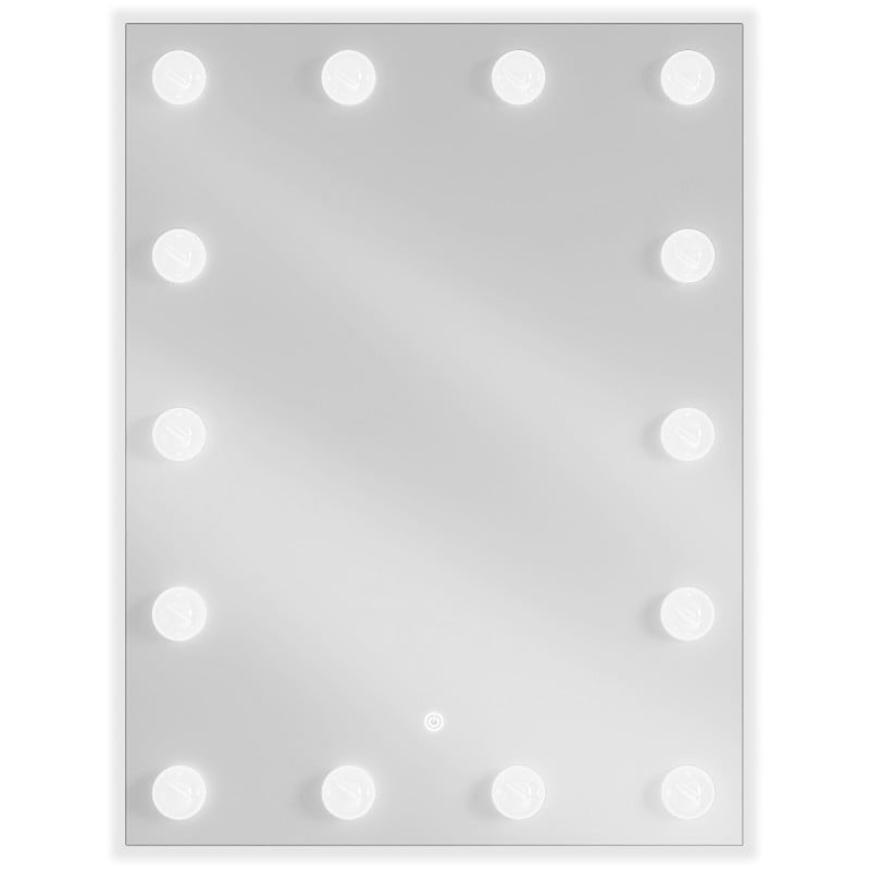 Speil med lys Mexen Dona 60 x 80 cm, tolv runde LED-pærer, sett forfra med berøringsknapp nederst.