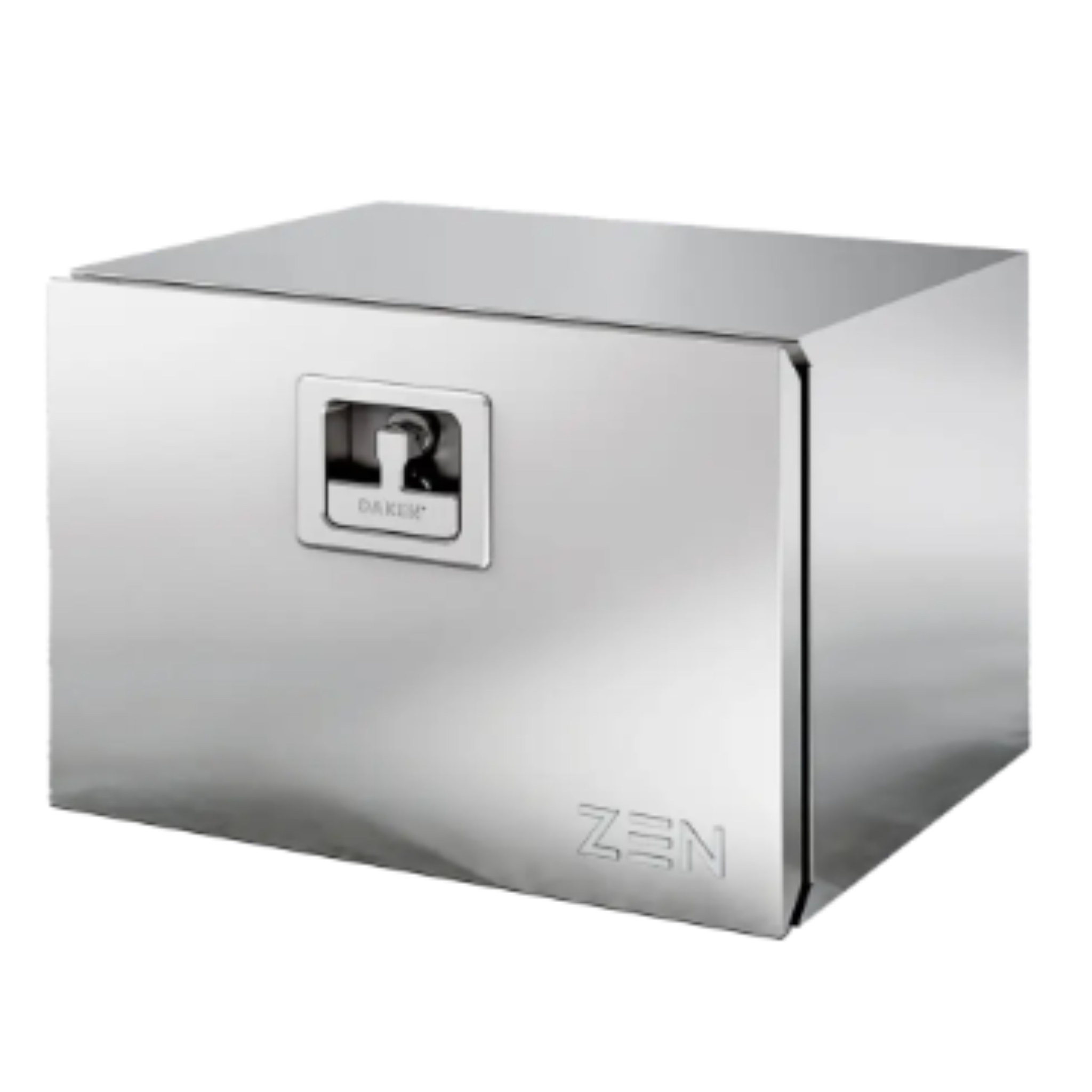 Verktøykasse Tilhenger, sølvfarget rektangulær metallboks med integrert lås og håndtak foran.