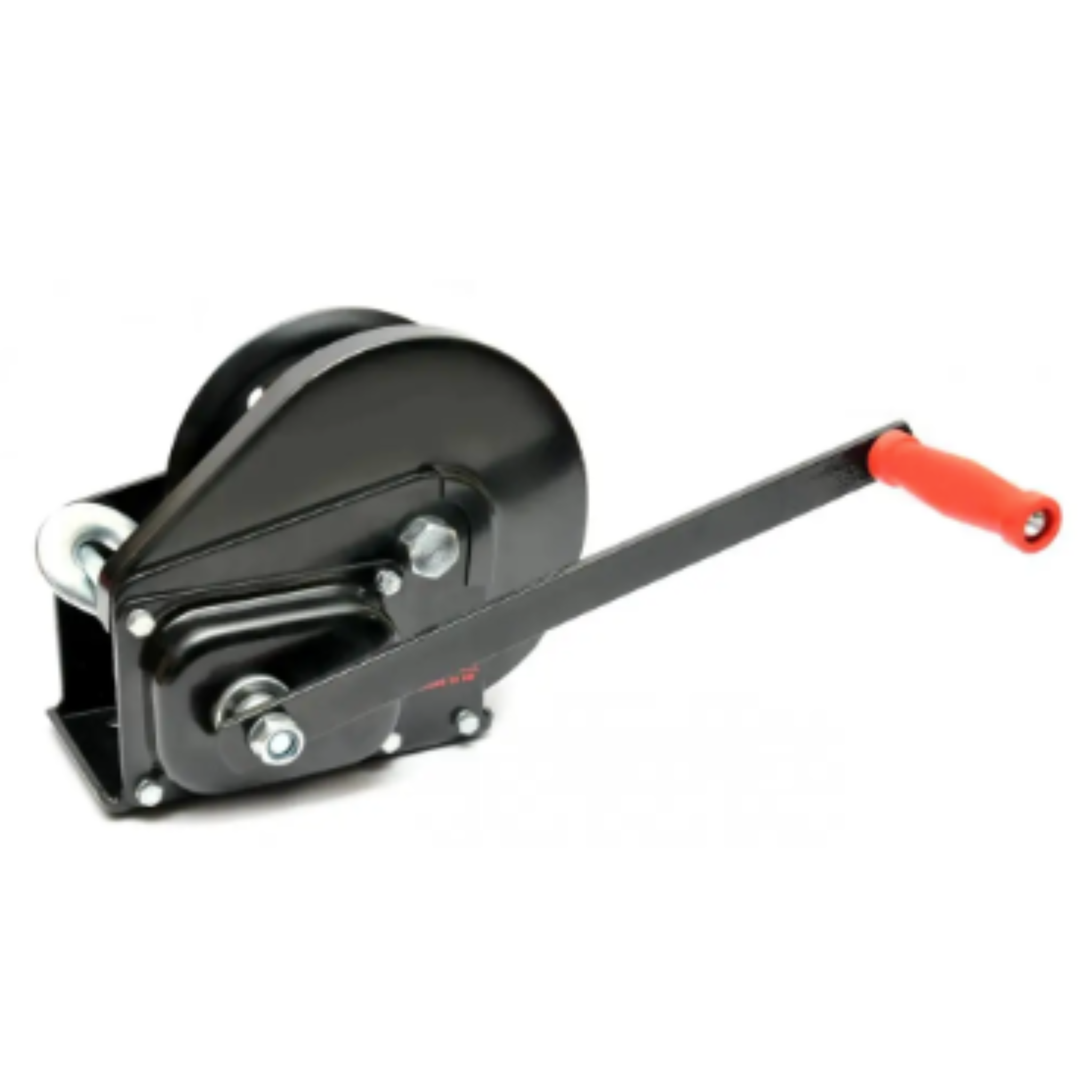 Håndvinsjer, sort metallvinsj med synlige bolter og en sveiv med rødt plasthåndtak på siden.