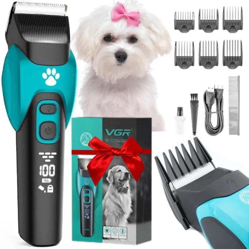 Hundeklipper, elektrisk klipper med forskjellige kammer, hvit liten hund med rosa sløyfe og gaveeske bak.