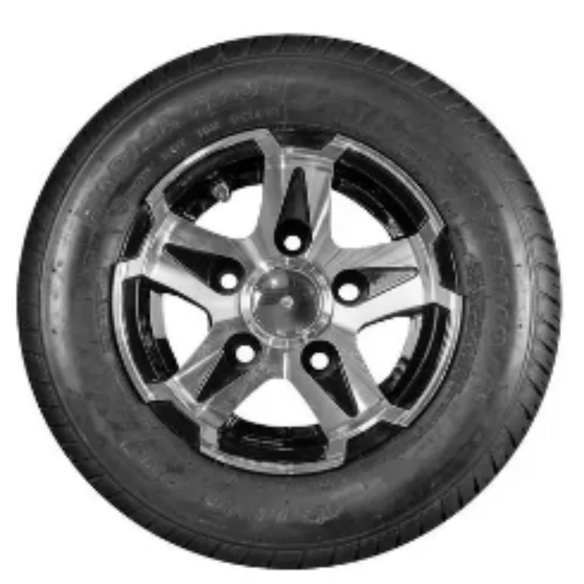 Tilhengerhjul, svart dekk med sølvfarget seks-eikers felg og tydelige hjulbolter sett rett forfra.