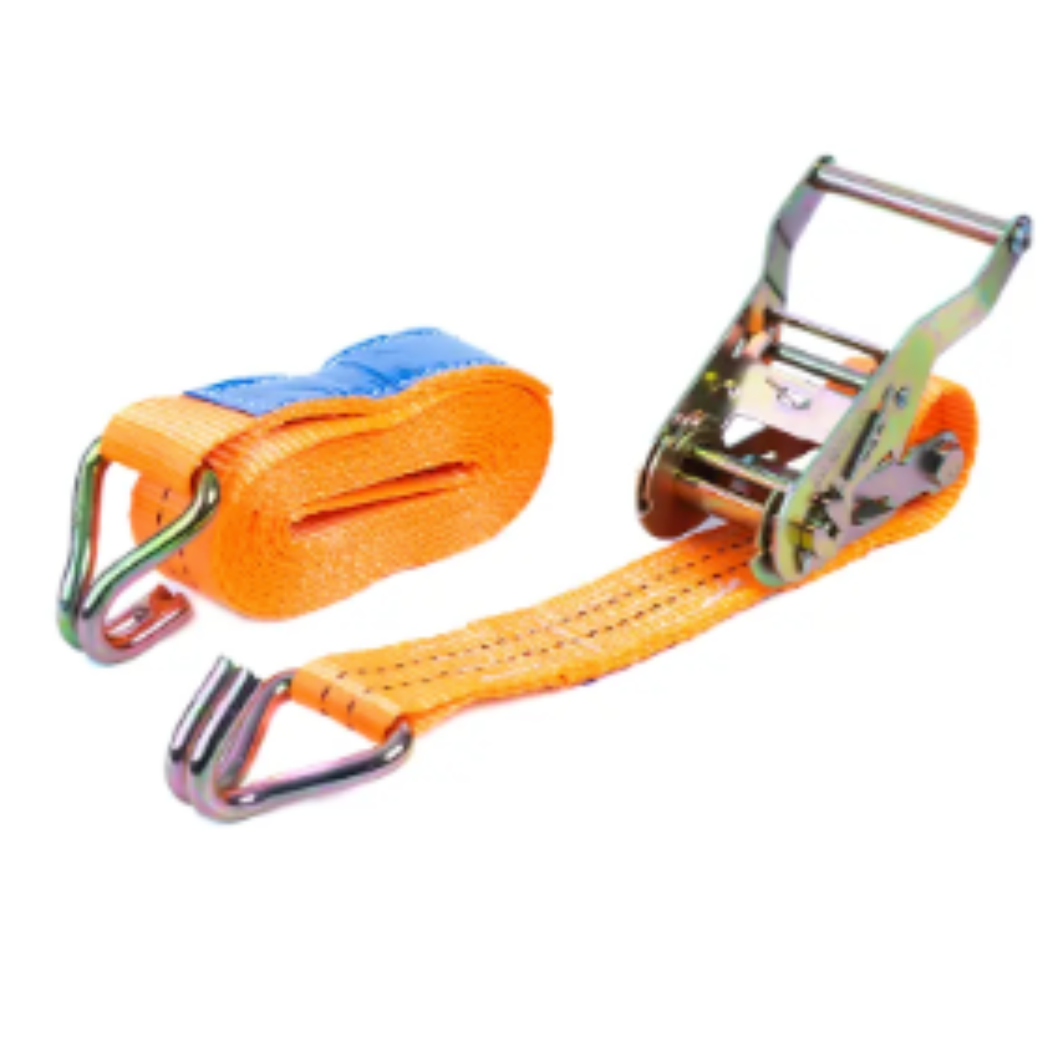 Spennbånd, to oransje nylonstropper med metallkroker og skrallestropp, hvorav én er rullet sammen og én er delvis utstrekt.