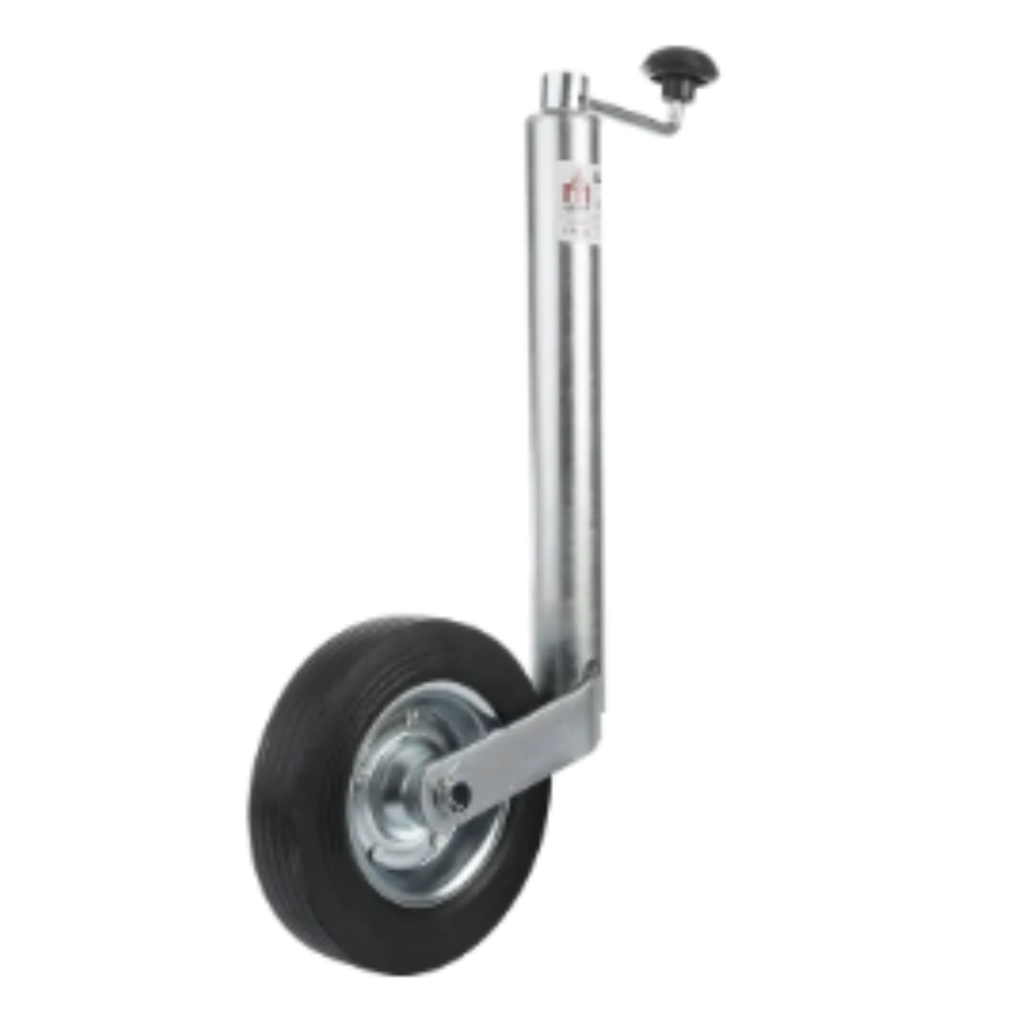 Støttehjul og støtteben, et justerbart metallrør med håndsveiv og sort gummihjul montert i bunnen.