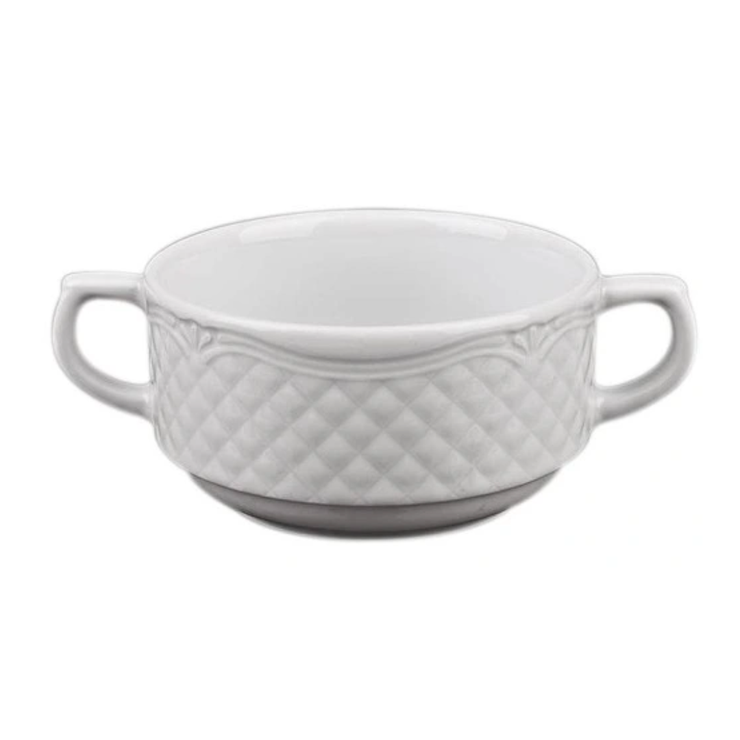 Suppeskål, hvit porselensbolle med to håndtak og rutemønster langs kanten, sett forfra.