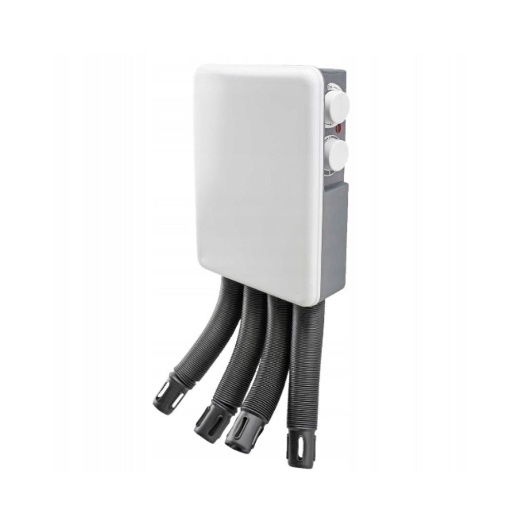 Skotørker, elektrisk apparat med hvit front, to dreieknapper og fire svarte fleksislanger med åpninger.