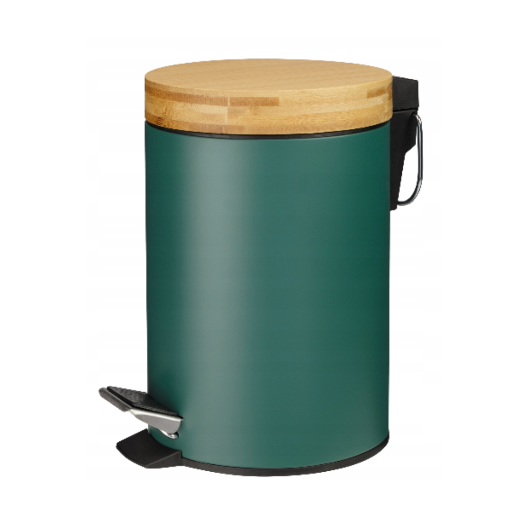 Søppelbøtter, grønn sylinderformet beholder med metallpedal, sort plast og lyst trelokk i moderne design.