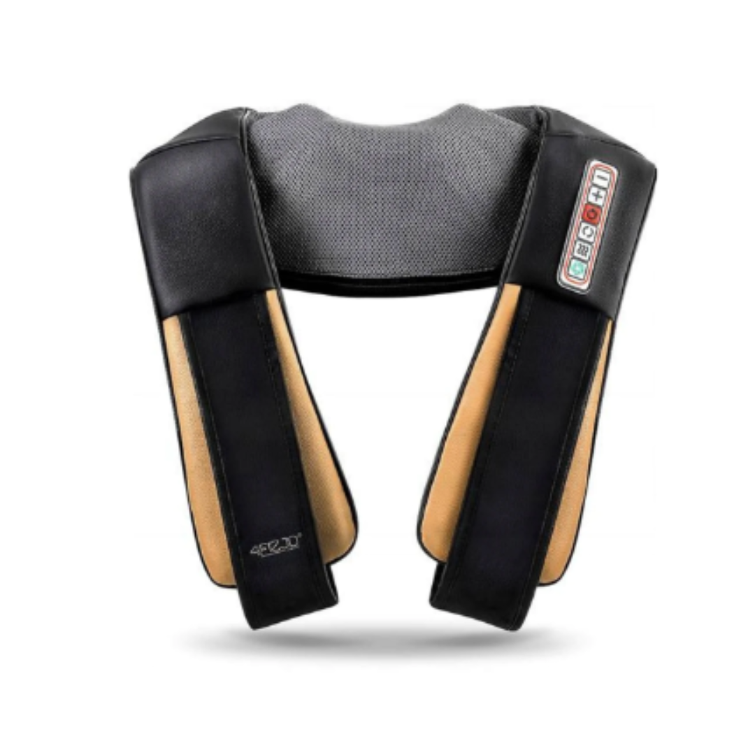 Massasjeapparat / Vibrasjonsplattform, U-formet enhet i svart og beige med synlige innebygde kontrollknapper.