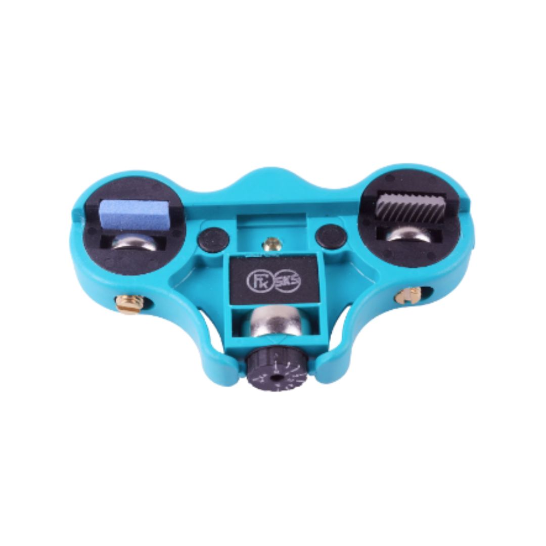 Voks og tilbehør, blått tredelt plastverktøy med sorte detaljer, metalliske og blå komponenter samt synlige skruer.