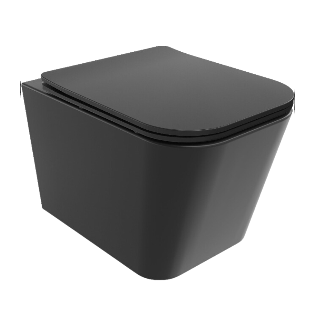 Toalettskål, sort vegghengt modell med avrundede kanter og flatt lokk i moderne, minimalistisk design.