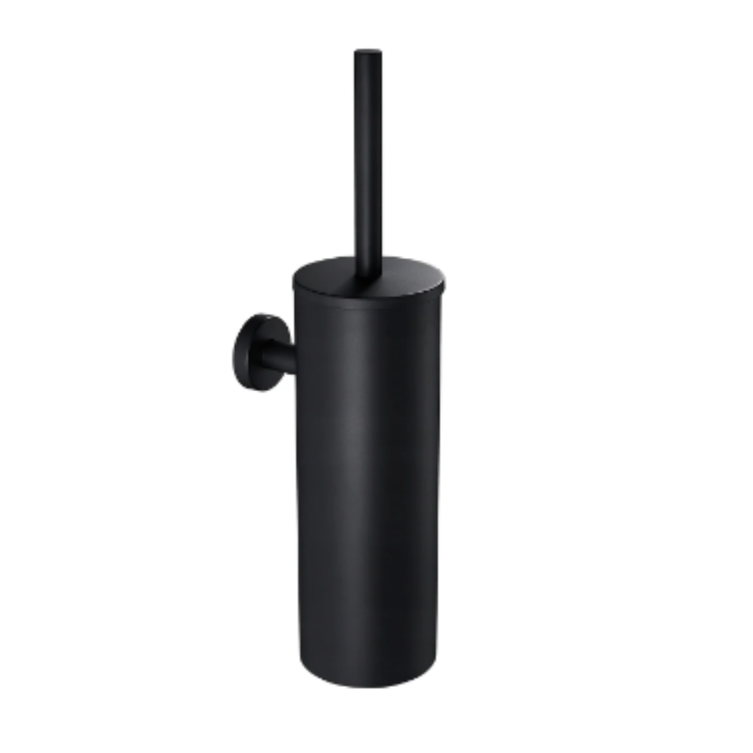 Toalettbørster, svart sylinderformet beholder med lokk og skaft i metall, veggmontert i moderne design.