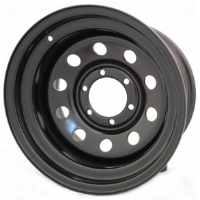 Stålfelger 4x4, sort stålfelg med flere runde hull rundt senteret og blank, glatt overflate.