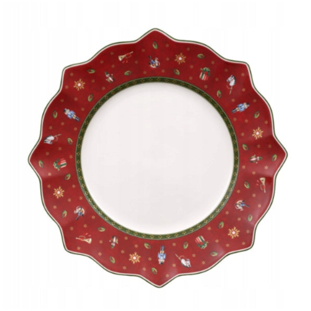 Tallerkener, rund tallerken med bølget rød kant pyntet med julemotiver og grønne detaljer, hvit i midten.
