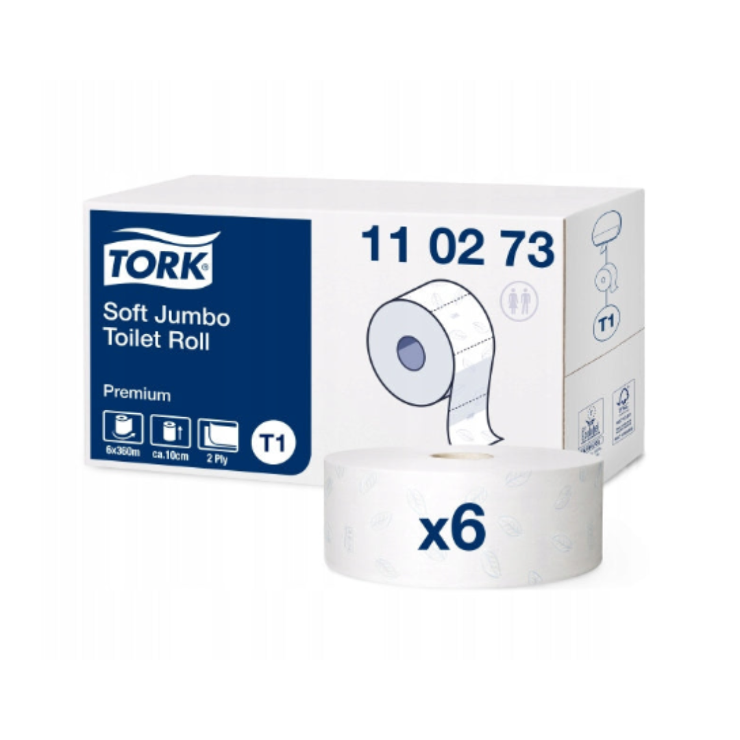 Toalettpapir, hvit Tork-eske med blå logo og produktinfo, foran stor hvit papirrull merket med x6.