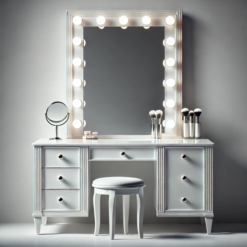 Sminkebord, elegant hvitt bord med flere skuffer, stor speilramme med lyspærer og krakk, sminkekoster på toppen.