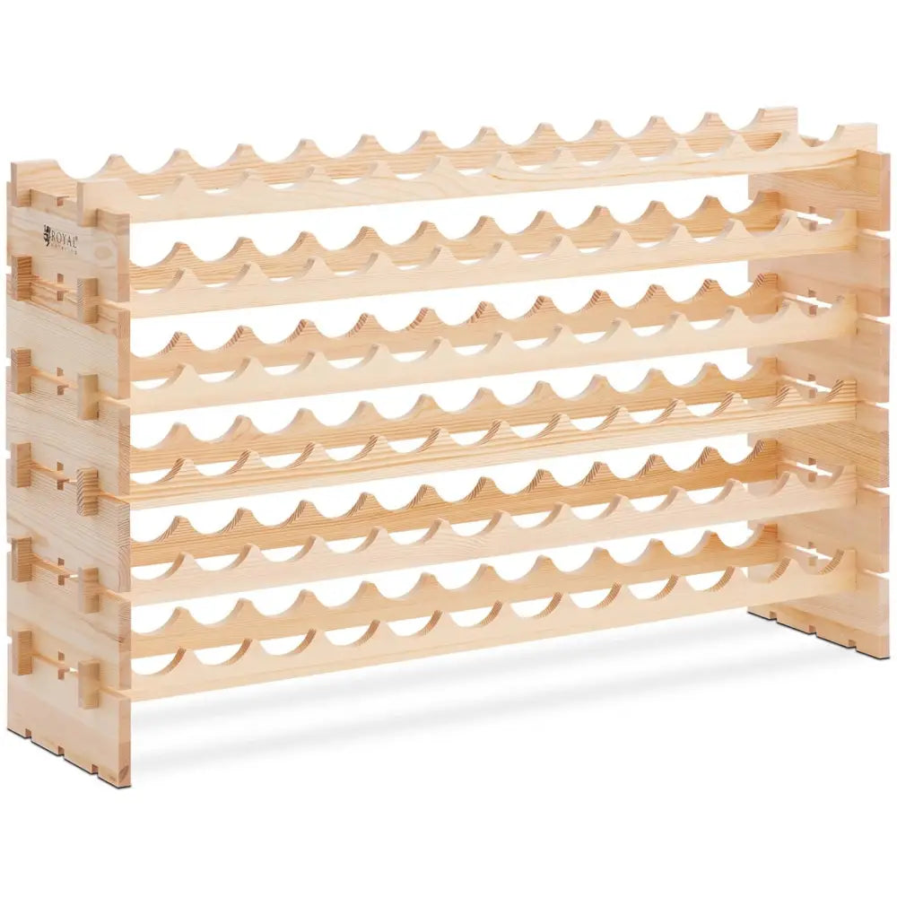 Vinutstyr, lyst tremøbel med fem horisontale hyller og avrundede utsparinger til vinflasker i et minimalistisk design.