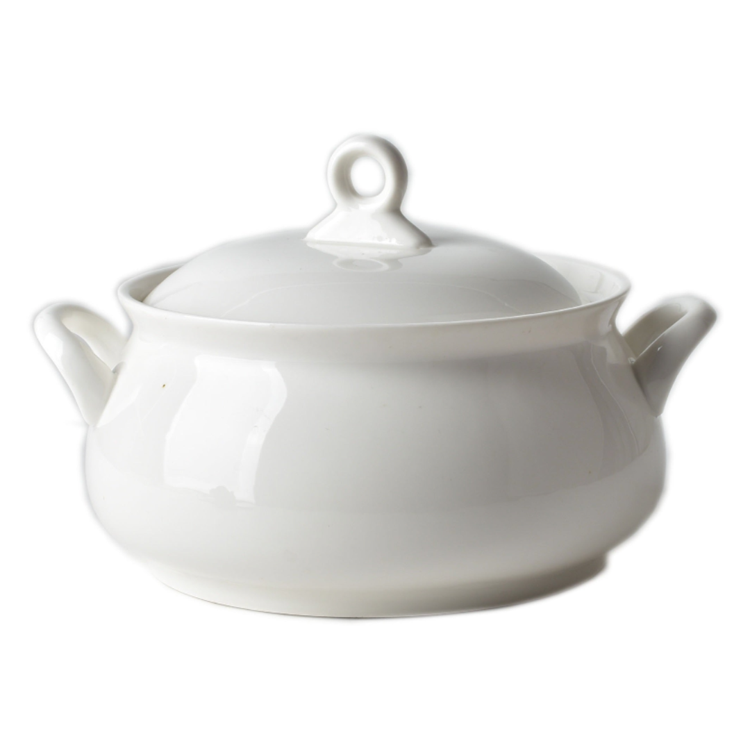 Vase, hvitt porselenskrus med lokk og to avrundede håndtak på sidene, minimalistisk stil.