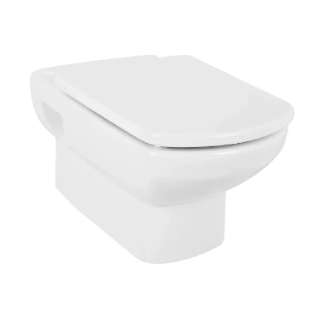 Toalettseter, hvitt toalett med lukket og avrundet sete i minimalistisk design sett fra skrå vinkel.