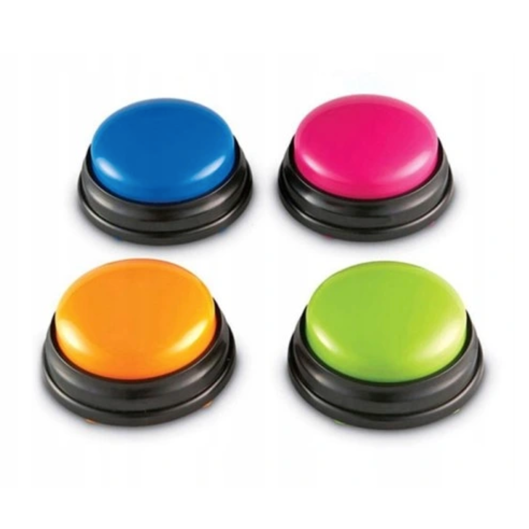 Hundetrening, fire store fargede knapper med svart base ligger i et rutenett på hvit bakgrunn.