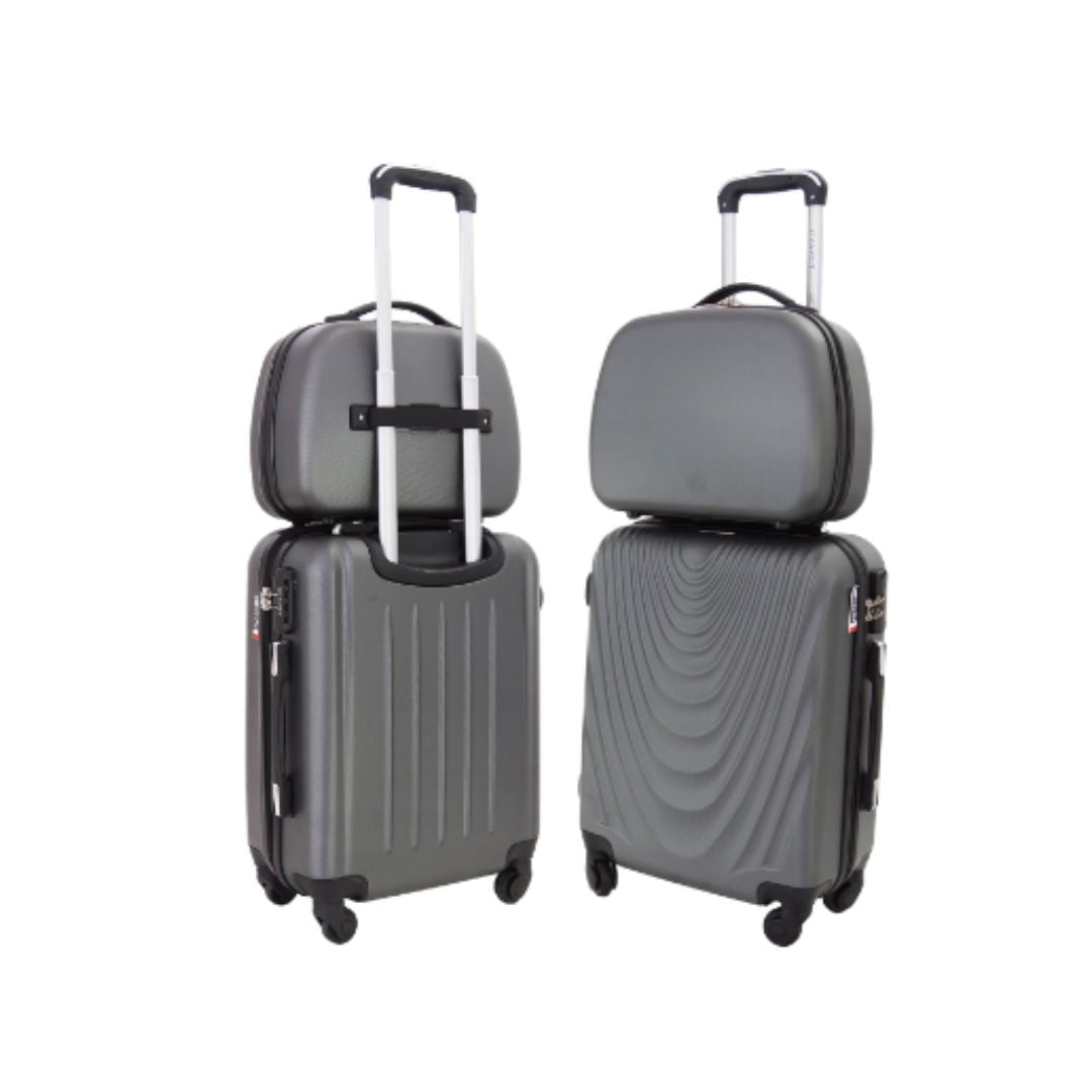 Bagasje, to grå kofferter med fire hjul og teleskophåndtak, hver med en mindre veske oppå.