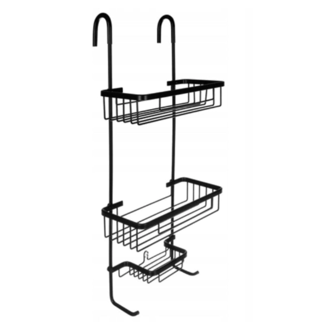 Baderomshyller, svart metallhylle med to trådkurver og kroker for oppheng, avbildet i helfigur.