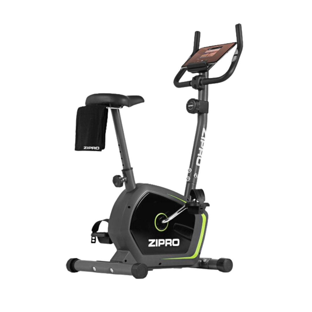 Ergometersykkel, sort og grønn treningssykkel med justerbart sete, display, håndtak og nettbrettholder.