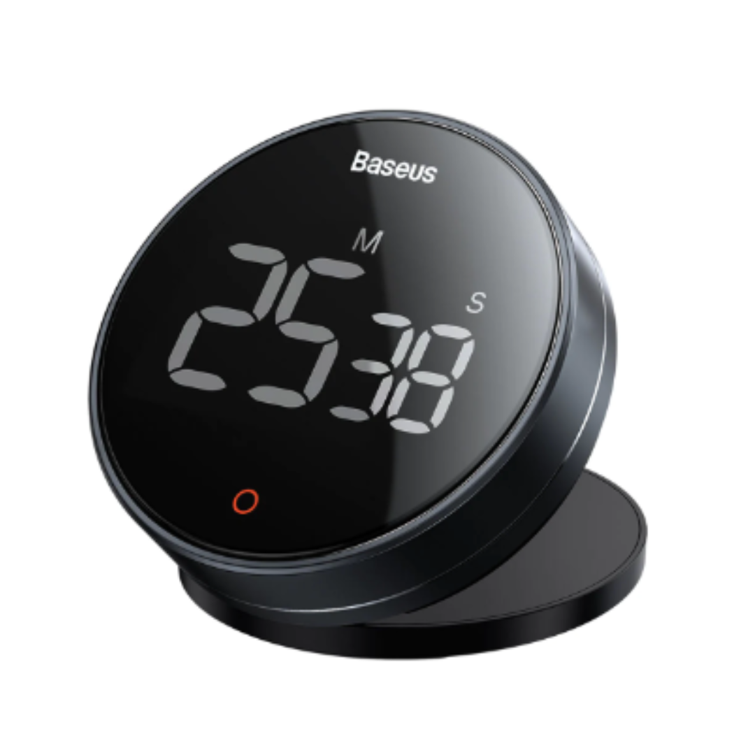 Termometre Og Timere, rund digital timer med sort overflate, stort LED-display med hvite tall og oransje sirkel nederst.