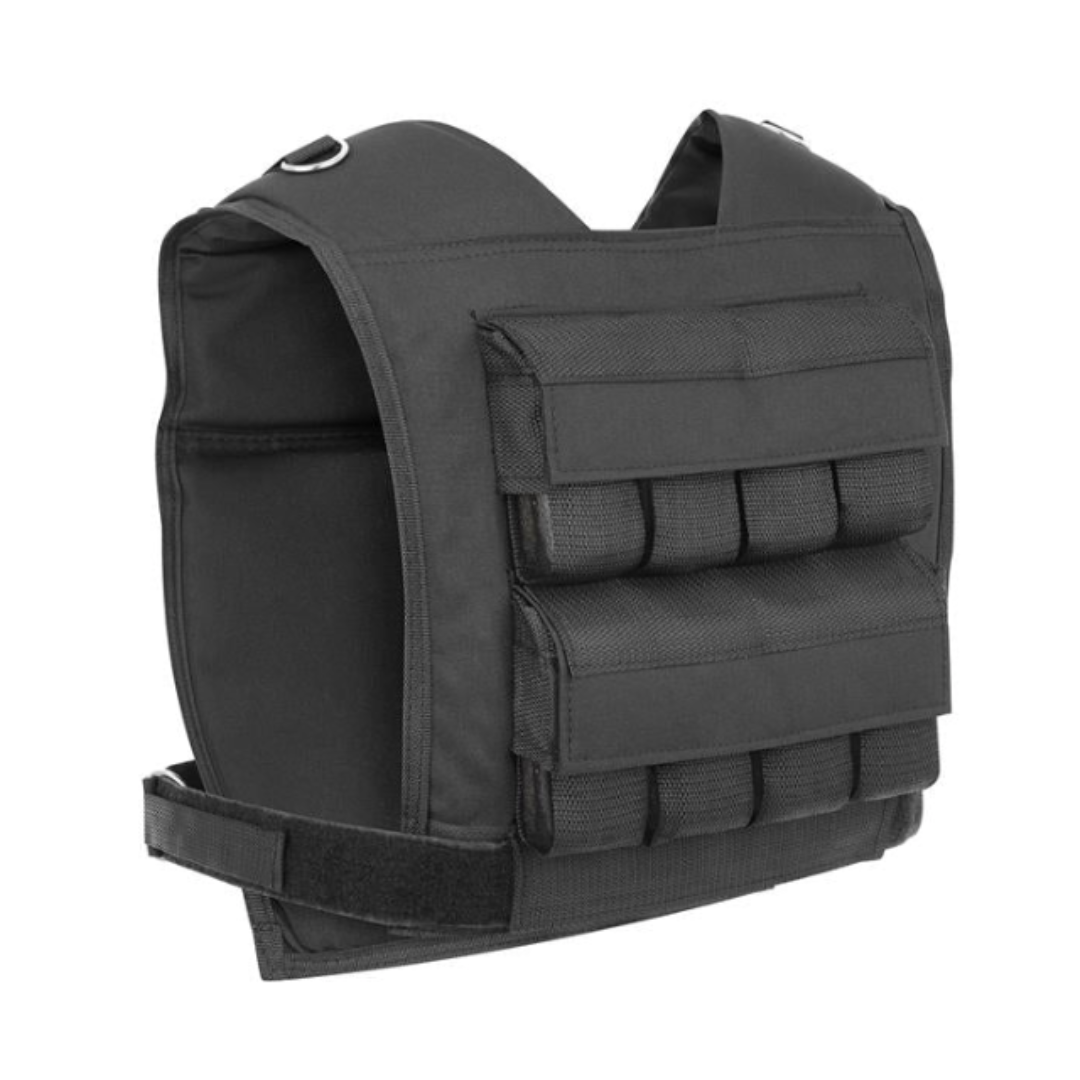 Vektvest, sort vest med brede skulderstropper, flere lommer og justerbar borrelåslukking.