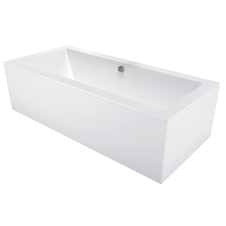 Rektangulære badekar, hvitt badekar med rette kanter og sentrert avløp på kortsiden i moderne stil.