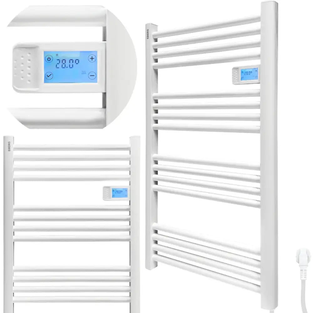 Håndkletørker, hvit rektangulær modell med flere horisontale stenger og digitalt display i midten.