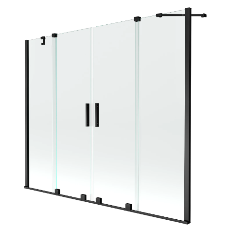 Badekarvegger, firedelte glasspaneler med svarte metallrammer og håndtak i moderne, minimalistisk stil.