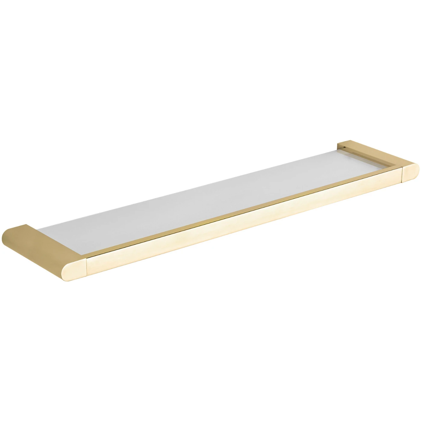 Baderomshyller, rektangulær hylle med hvit overflate og gullfarget metallramme i minimalistisk stil.