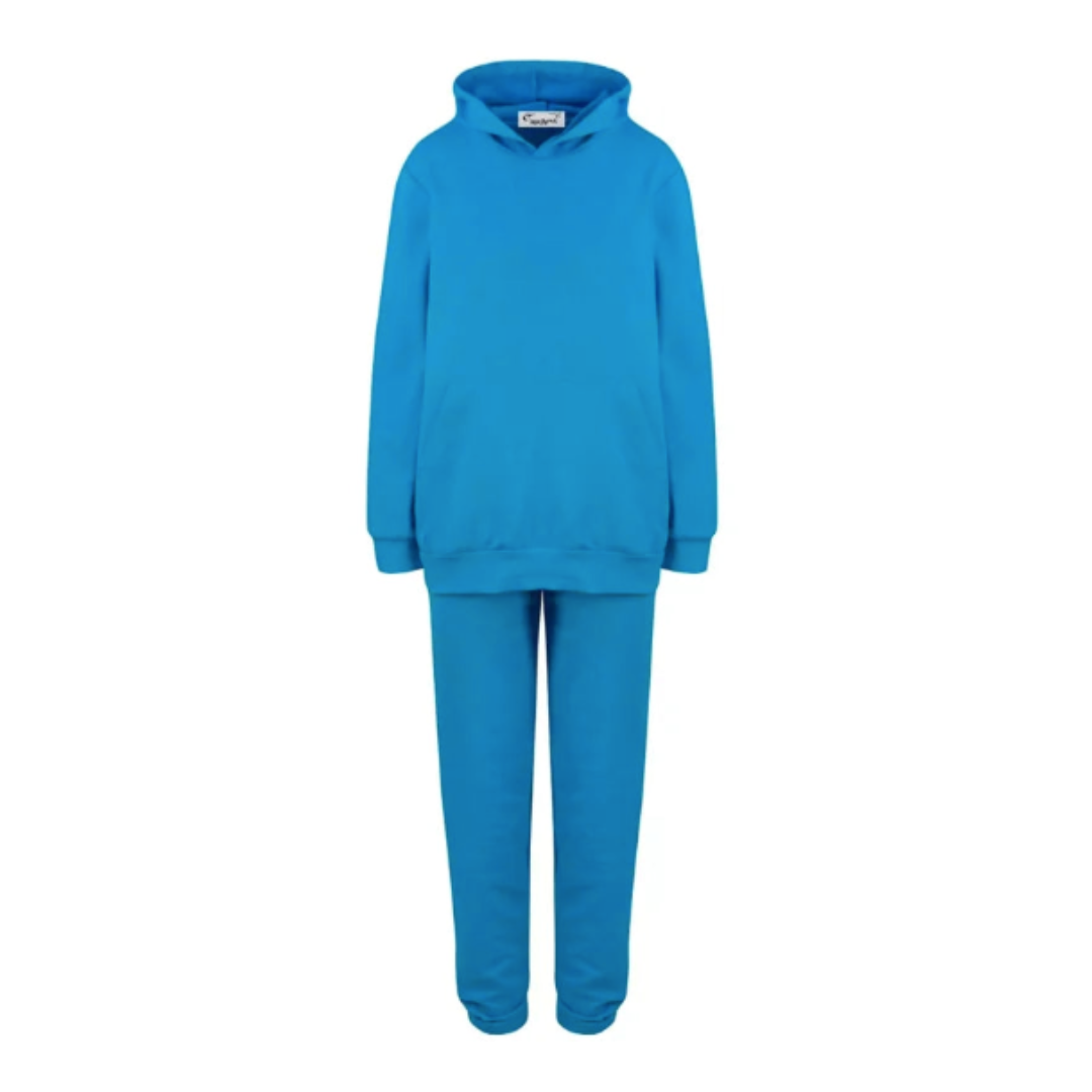Hettegenser og joggers, ensfarget blå hettegenser og joggebukse med enkelt design uten mønster.