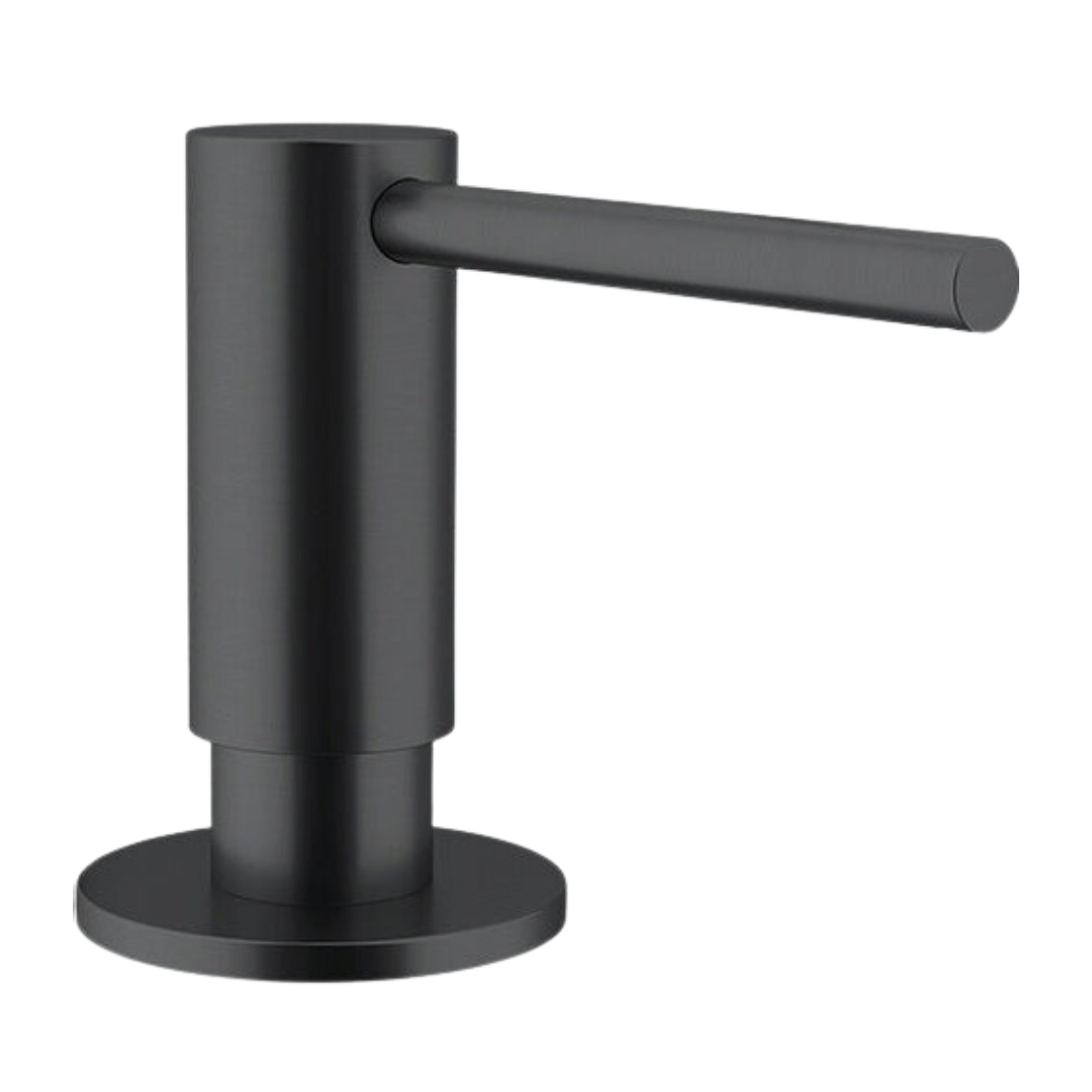 Såpedispenser Kjøkken, stilren svart dispenser med metallisk finish, sylinderformet kropp og rett utløpsarm.