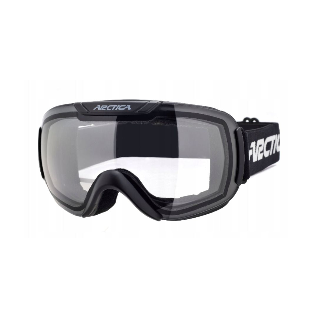 Goggles Og Briller, svarte sportsbriller med klart glass og justerbar sort stropp med hvit tekst, frontvisning.