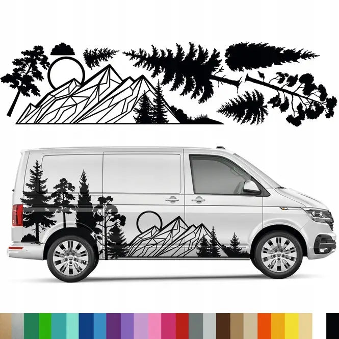 Klistremerker, svart silhuett av fjell, trær og sol på siden av en hvit varebil med fargevalg under.