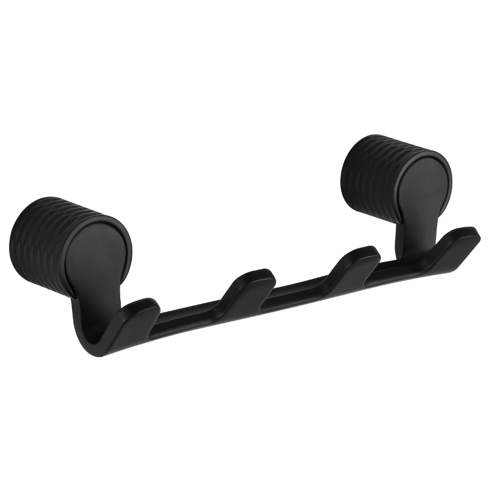 Kroker, sort veggmontert holder med fire rette kroker og to sylinderformede endestykker i metall.