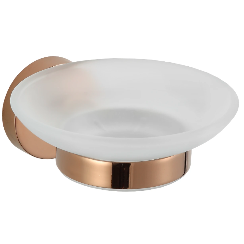 Såpeskåler, rund vegghengt beholder i frostet glass med rosegull detaljer og moderne design.
