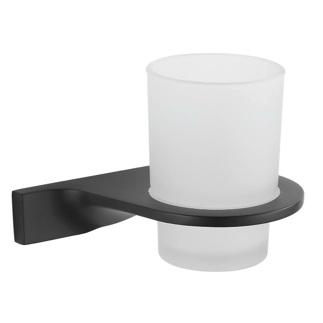 Tannbørstetilbehør, frostet glasskopp i matt sort metallholder montert på veggen for moderne baderomsinnredning.