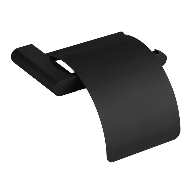 Toalettpapirholdere, svart veggmontert holder med avrundede kanter og buet matt deksel i metall.