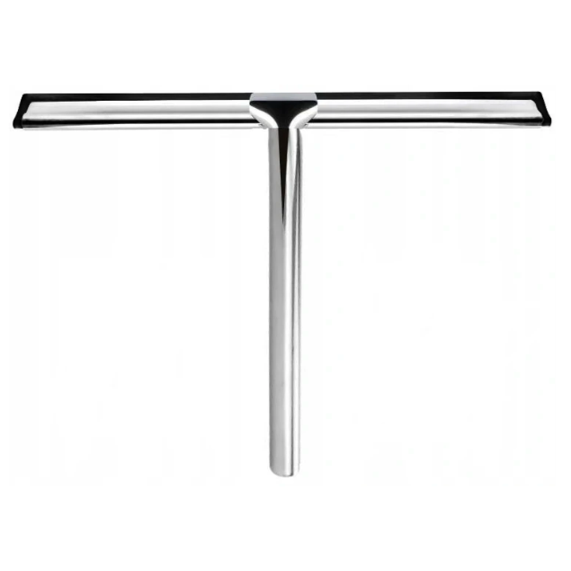 Vindusvaskere, sølvfarget metallskrape med sort gummikant og T-formet design ligger på hvit bakgrunn.