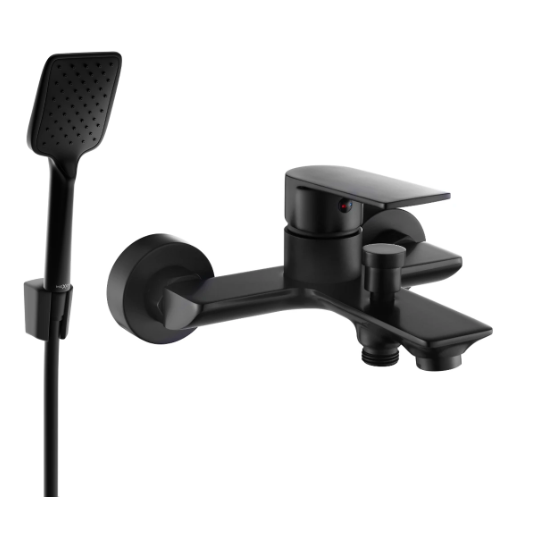 Baderomskran Sett, moderne matt sort blandebatteri med hånddusj og slange i minimalistisk design.