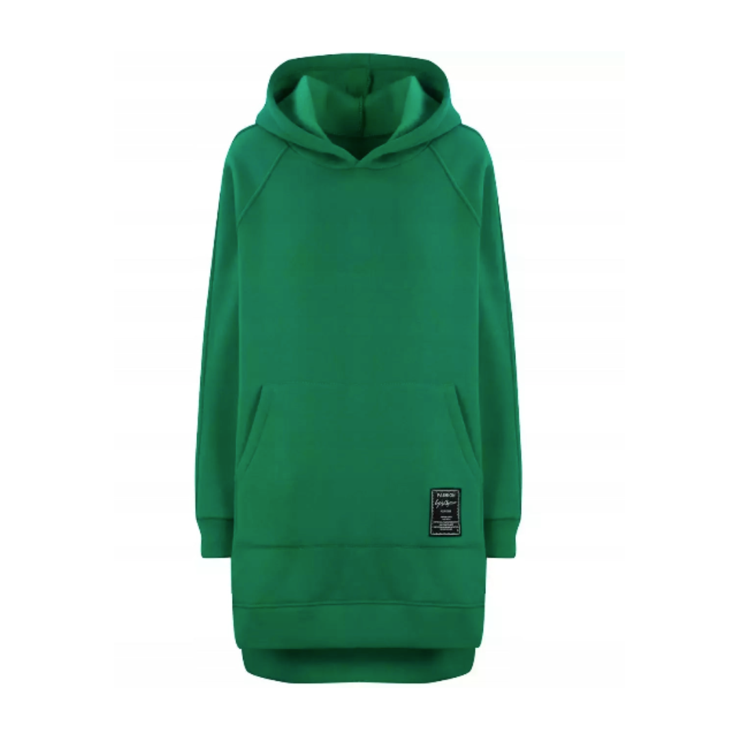Hoodies Og Sweatshirts, grønn hettegenser med kengurulomme, svart merke nederst og lange ermer mot enkel bakgrunn.