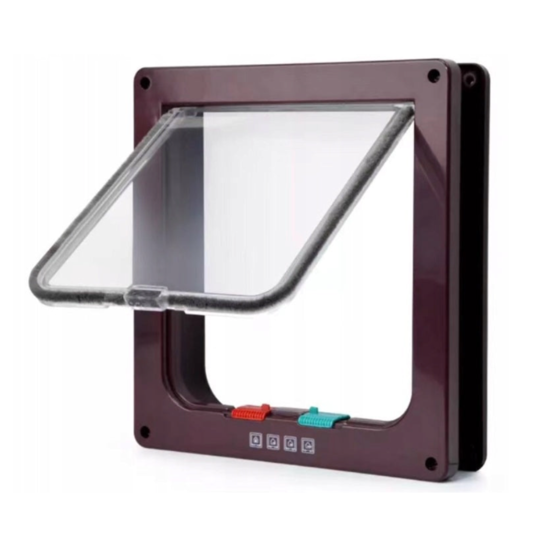 Katteluke, rektangulær plastramme med gjennomsiktig svingdør og to fargede låseknapper nederst.