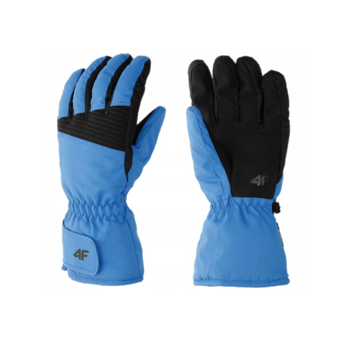 Hansker, to par blå og svarte hansker med justerbar lukking rundt håndleddet ligger side ved side.