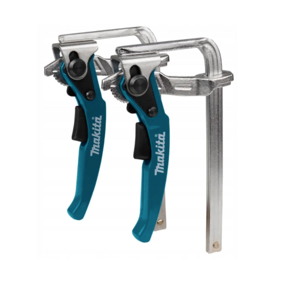 Tvinger, to metalliske verktøy med blå og svarte håndtak og sølvfargede skinner, Makita-logo synlig.