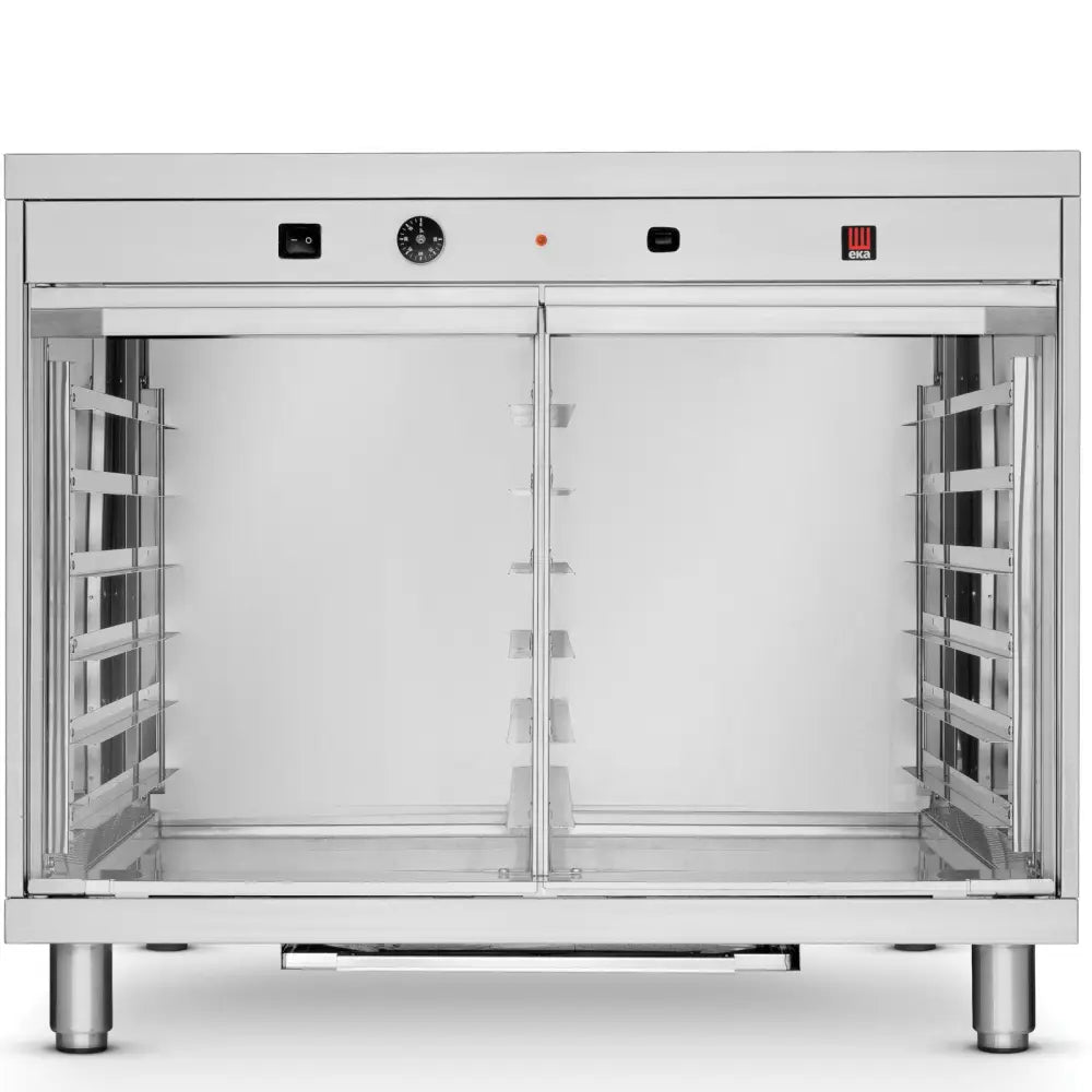 Hævekamre, stort rektangulært skap i rustfritt stål med to glassdører, kontrollpanel og hyller på sidene.