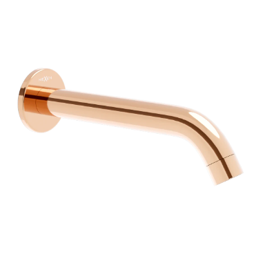 Utløpstuter, elegant metallisk og kobberfarget tut med blank overflate festet til rund veggplate.