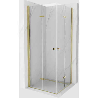 Dusj, moderne dusjløsning med klart glass og gullfarget ramme mot vegger med hvit marmoreffekt.