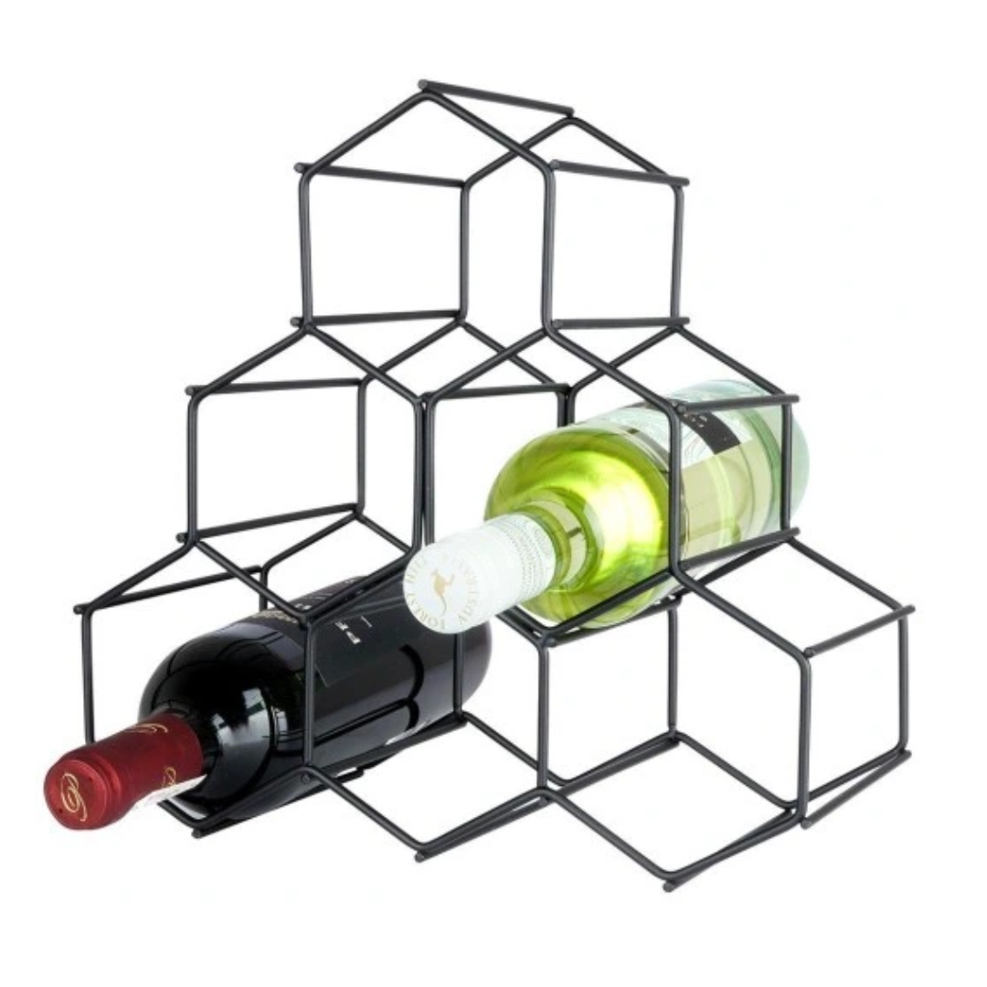 Vinstativ, geometrisk metallstativ i sort med minimalistisk design som holder to vinflasker horisontalt.