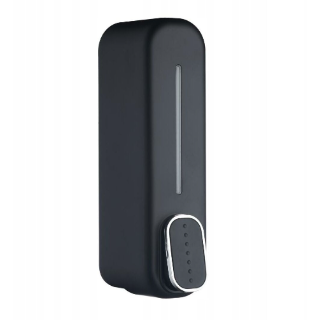 Dispensere, svart veggmontert enhet med avlangt vindu foran og sølvfarget knapp nederst.